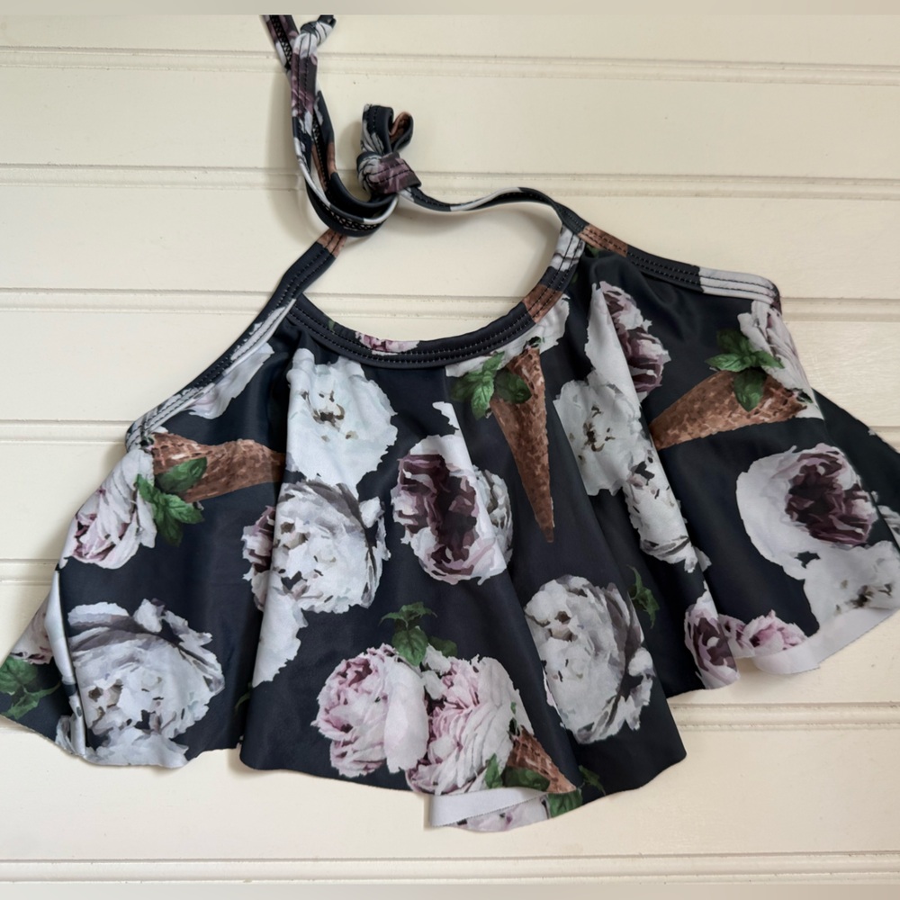 Kortni Jeane Beige and Black Floral-Accent Halter Swim Top
